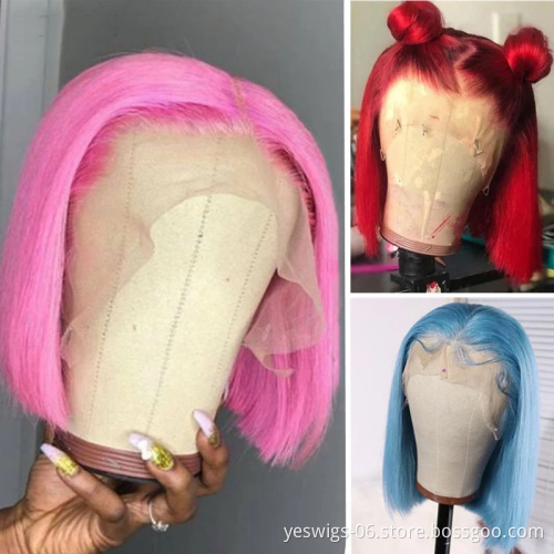 1b/Pink Swiss Lace Front Human Hair Bob Wig Short 1B 613 Blonde Pink Blue Gray Hot Pink Neon Purple Ombre Bob Wig Human Hair